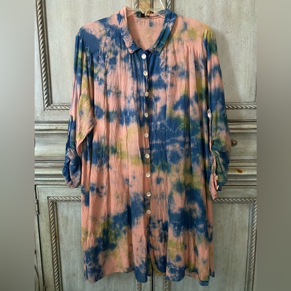 Tie dyed cotton/silk dress with 3/4 or long sleeves - Picture 1 of 10